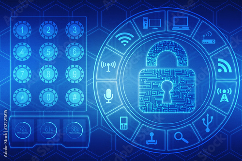 Security concept: Lock on digital screen, contrast, 2d illustration