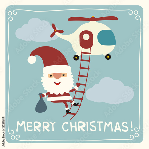 Merry Christmas! Funny Santa Claus flying on helicopter with bag of gifts. Christmas card.
