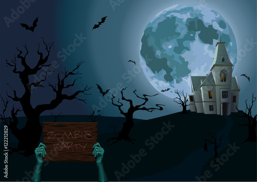 Halloween night: moon beautiful castle chateau zombie hands holding old wooden plank with text party scary trees bat rearmouse. Vector horizontal closeup side view sign illustration celebrate holiday