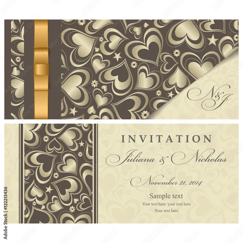 Obraz premium Wedding Invitation cards in an vintage-style gold and brown. Valentine. Invitation card with gold hearts.