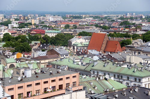 Aerial view of the roofs of houses in the historic part of Krakow. Poland.