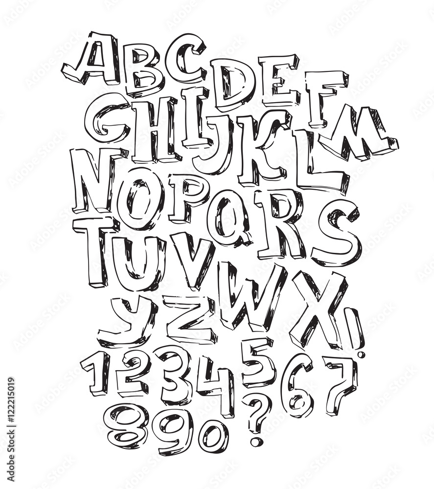 Hand drawn black font, isolated on white background. Vector alphabet ...