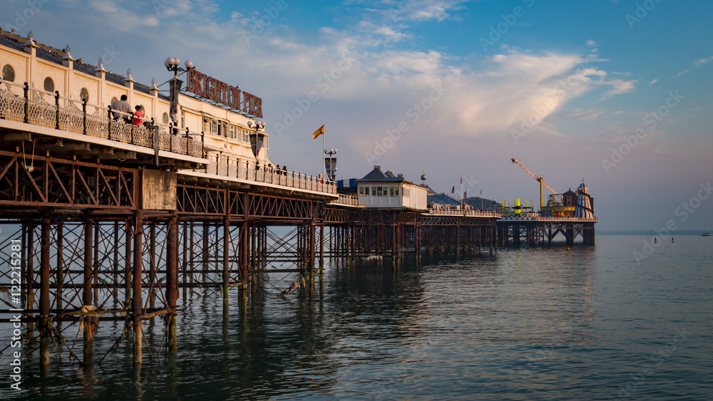 Brighton pier at sunset in East Sussex, England, UK