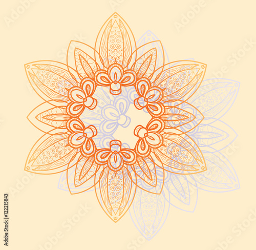 Bright floral circular pattern in orange and lavender flowers on