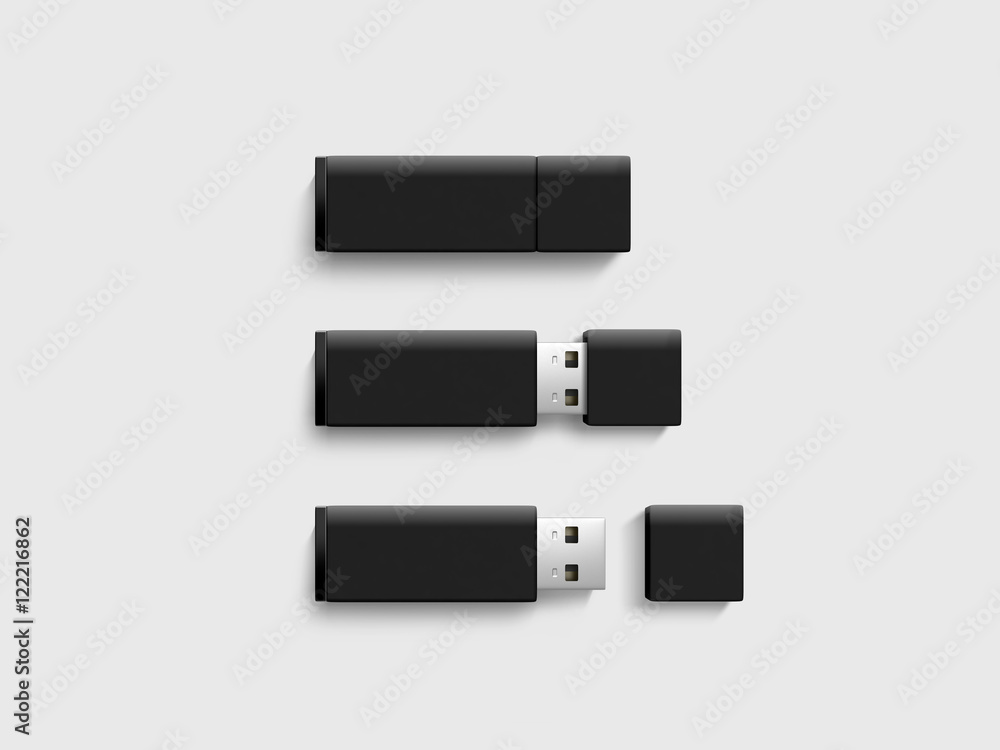 Blank back usb drive design mock up set, 3d rendering, clipping path. Clear  plastic flash disk template opened, closed. Plain memory device mockup. Clean  pen drive branding presentation. Micro card. Stock Illustration