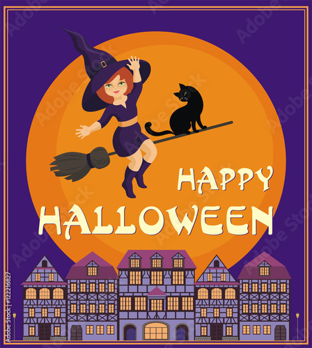 Halloween greeting card with the image of the little witch and old houses