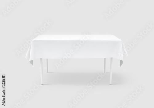 Bank white table cloth mock up, clipping path, 3d rendering. Clear tablecloth design mockup isolated. Fabric space satin on desk template. Kitchen table clean textile overlay. Setting cafe table.