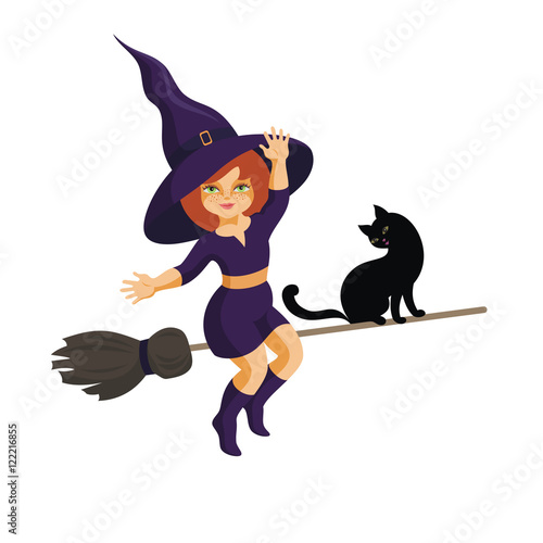 the little red-haired witch and black cat fly on the broom