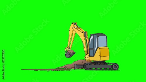 Industrial Excavator Digging Hole. Animated footage isolated on green screen. Looped motion graphic UHD
