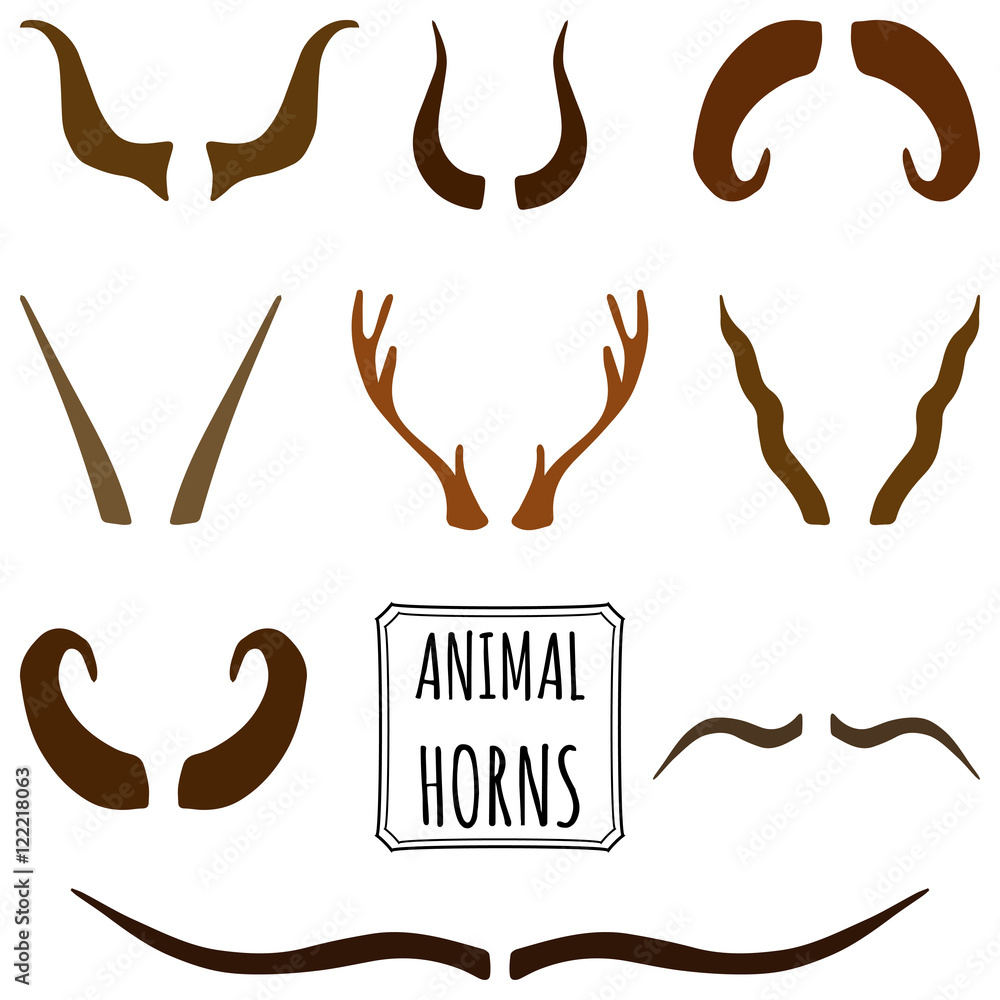 Hand drawn Set of animal horns made in vector. Deer, sheep, antler
