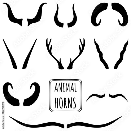 Hand drawn Set of animal horns made in vector. Deer, sheep, antler, antelope horns in black silhouette