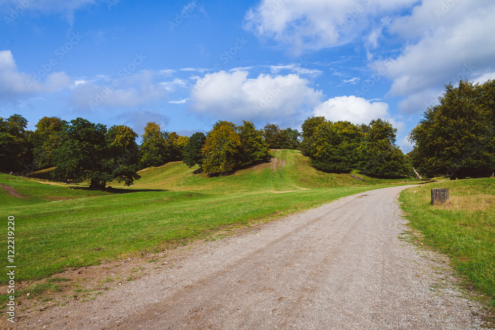 Green Meadow, Hills and Path in Jaegersborg, Copenhagen.