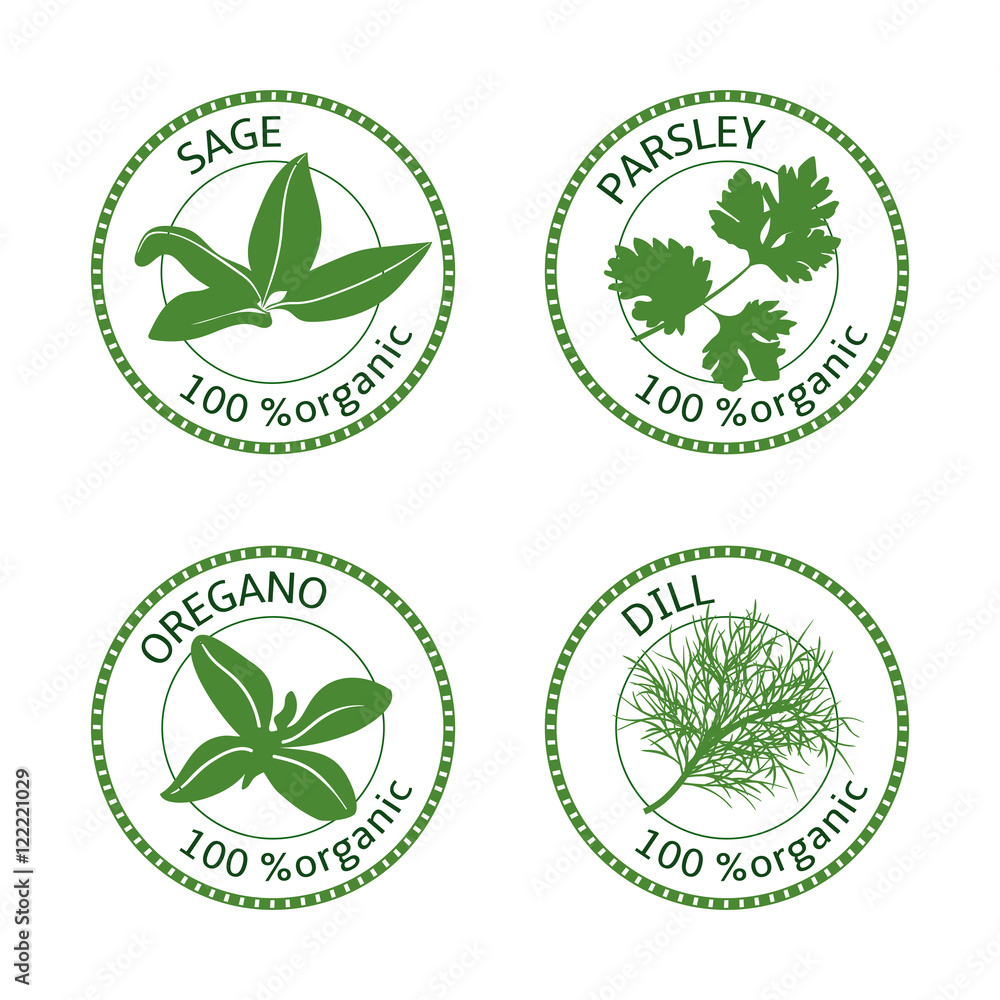Set of herbs labels. 100 organic. Vector illustration Set of herbs labels. 100 organic. Vector illustration