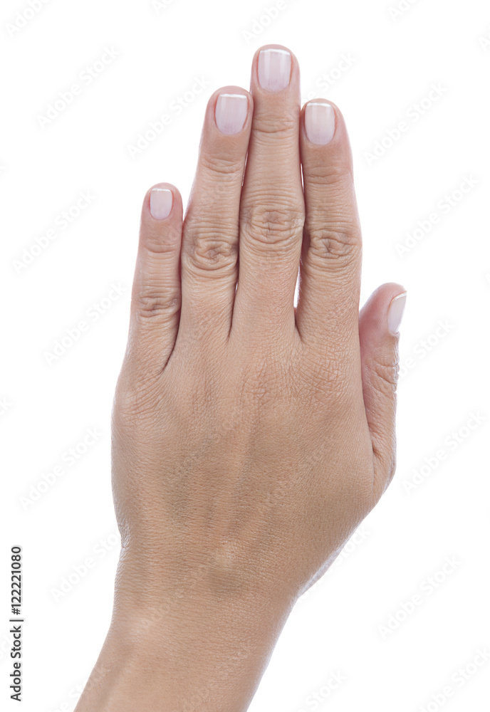 Female hand with space on the palm for your objects isolated on white background. Female hand with space on the palm for your objects isolated on white background.