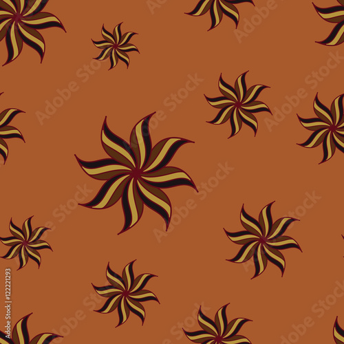 Stylized star anise seamless pattern. Brown elements on orange background. Abstract texture. Summer bright backdrop. Vector illustration.