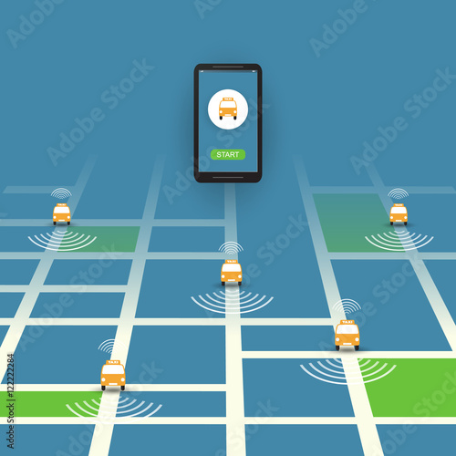 Self-Driving Taxi Concept, Mobile Application or Service Design - Vector Illustration