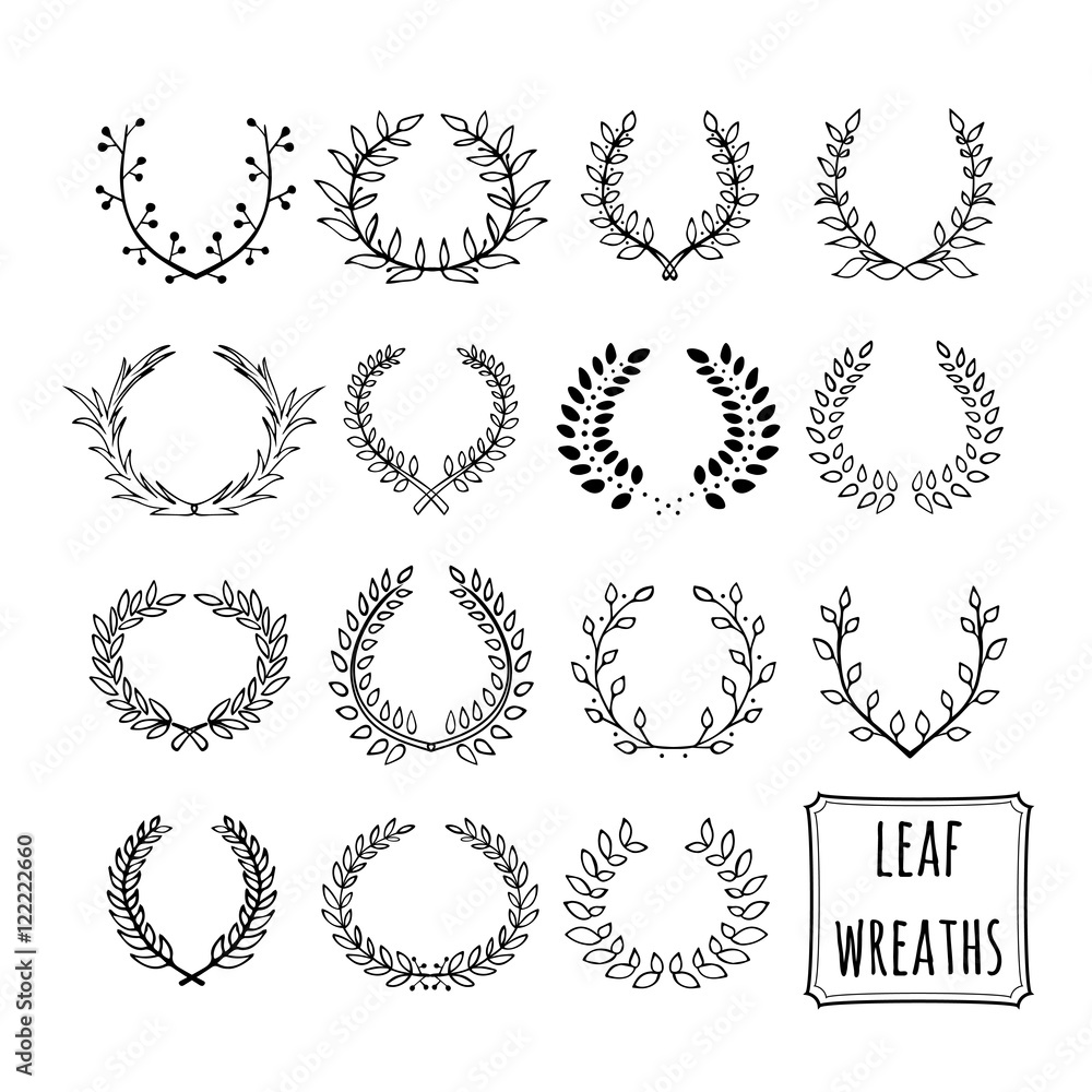 Obraz premium Set of 15 laurel leaf wreath made in black. Unique hand drawn Vector wreath collection