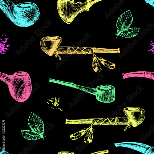 Hand drawn vector smoking pipes, sketchy engraving style. Neon c