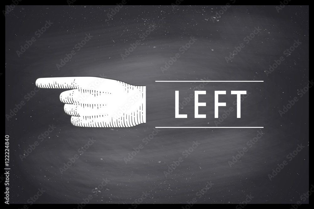 Φωτογραφία Vintage drawing of hand sign with pointing finger in engraving retro style and text Left on chalkboard