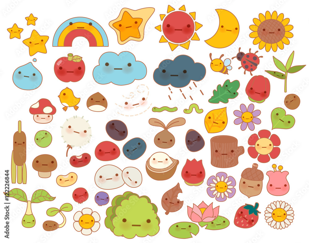 Collection of lovely baby forest nature doodle character icon ,cute star  ,adorable flower ,sweet fruit ,kawaii rainbow ,girly bug ,comic apple in  childlike manga cartoon style - Vector file EPS10 Stock Vector |