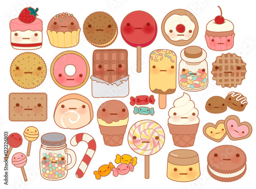 Collection of lovely baby sweet and dessert doodle icon , cute cake , adorable candy , sweet ice cream , kawaii jelly bean , girly cookie in childlike manga cartoon style - Vector file EPS10