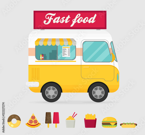 Street food truck vector illustration, food caravan. Burger van