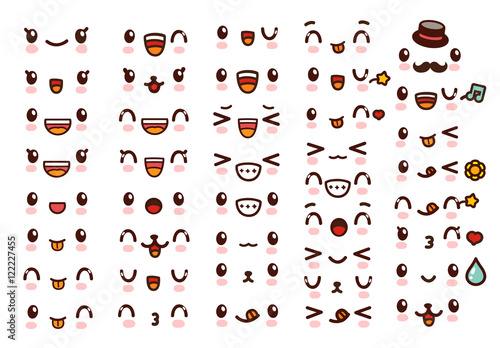 Collection of cute lovely kawaii emoticon emoji Doodle cartoon face , smile , happy , wink , excited , sleepy , chill , kiss , crazy , sweet in childlike manga cartoon style - Vector file EPS10