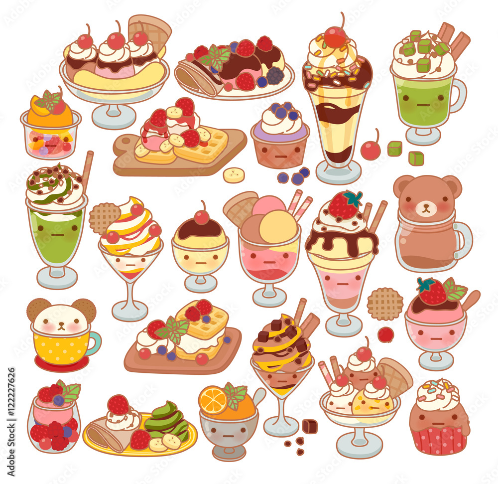 Collection of lovely baby sweet dessert doodle icon, cute ice cream, adorable waffle, sweet crepe, kawaii sundae, girly parfait in childlike manga cartoon style isolated on white-Vector file EPS10