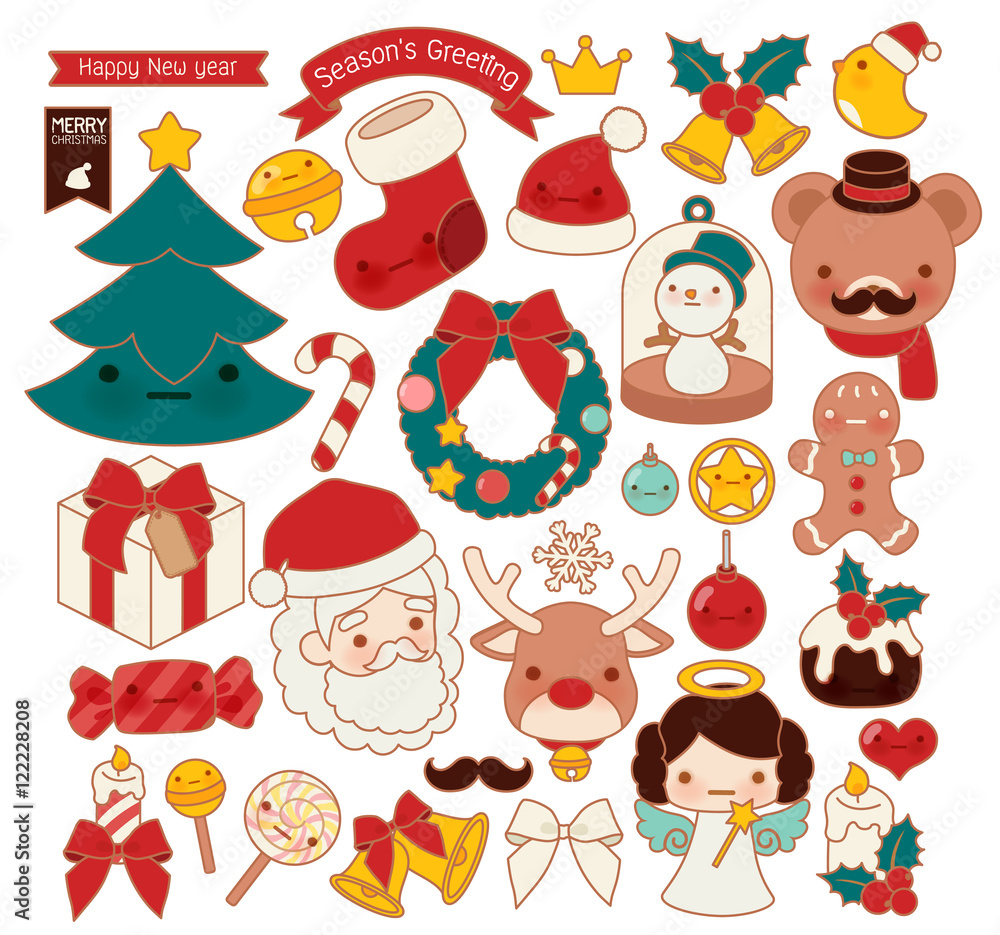 Collection of lovely Christmas doodle icon, cute snowman, adorable angel, sweet wreath , kawaii gingerbread , girly xmas ornament in childlike manga cartoon style isolated on white-Vector file EPS10