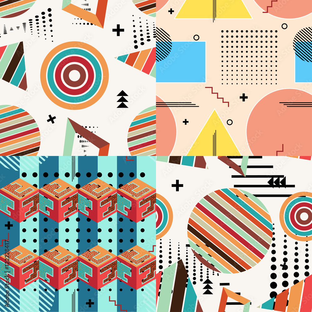 Obraz premium Set of color vector abstract seamless pattern in Memphis style.