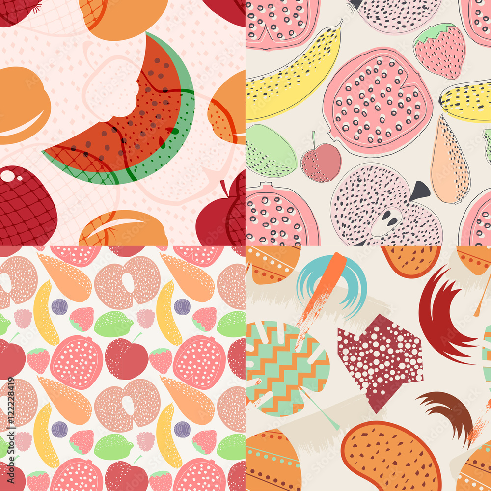Set of vector seamless pattern with fruits and berries. Design e
