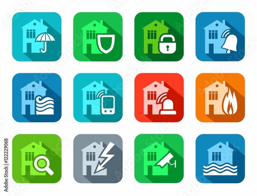 Security of housing and office buildings, icons, colored, flat. Safety of living and working space. Vector colored icons with shadow. 