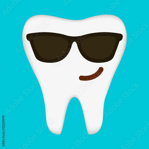 Happy healthy tooth in black glasses . Vector illustration on a blue background. Concept of children's dentistry. Excellent dental card. Cute character. Caries prevention.