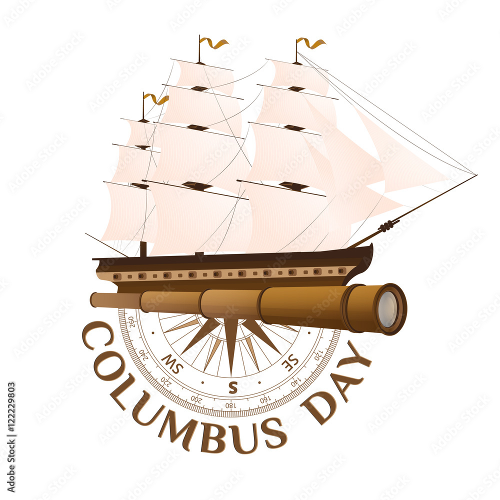 Naklejka premium Symbols to Columbus Day. A Collage from an old ship, spyglass and compass. Vector illustration.