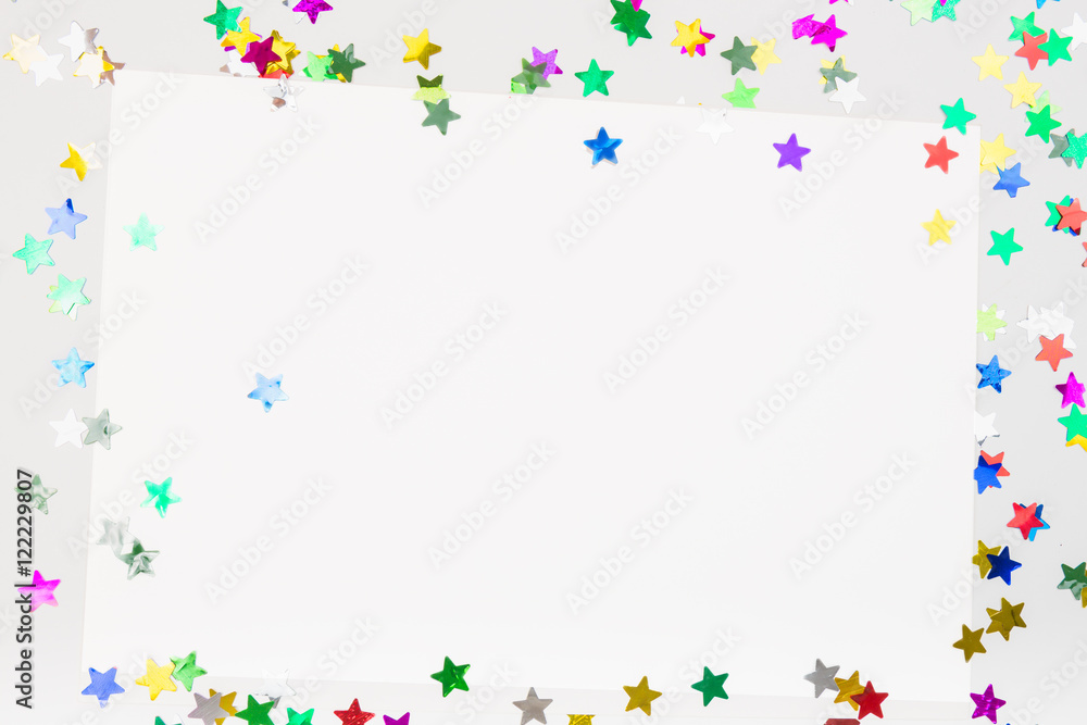 Banner Party poster. Confetti stars template for banner placard. Top view table from above