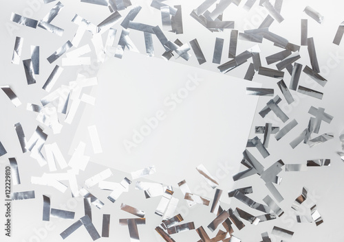 Party time banner ad. Silver confetti mockup template. View from above