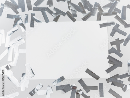 Silver metafun confetti. Party time poster template mockup. Top view