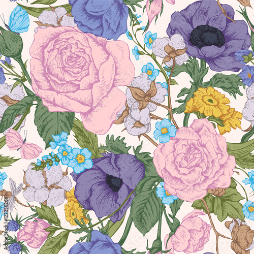 Vintage floral vector seamless pattern with roses