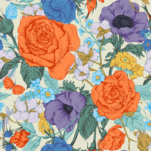 Vintage floral vector seamless pattern with roses