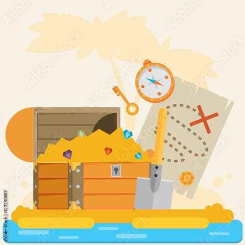 open treasure chest and pirates stuff on a desert island flat 