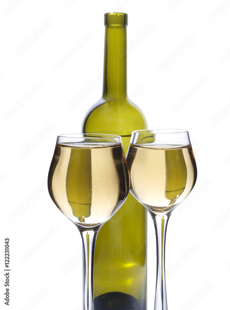 Green bottle of water and alcohol on white background Green bottle of water and alcohol on white background