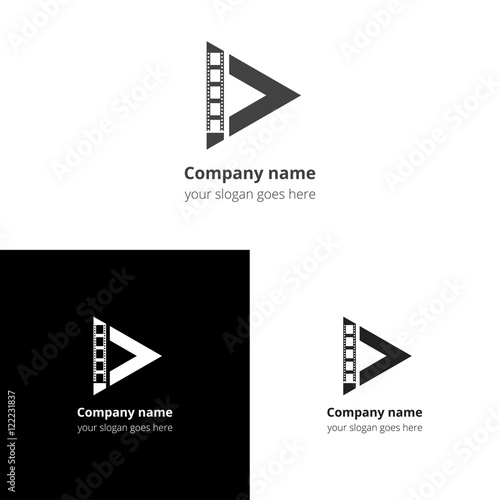 Play music sound button and video movie film strips flat logo icon vector template. Abstract symbol and button with black-grey gradient for music, cinema, television, industrial service or company.