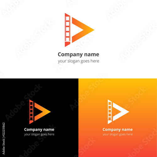 Play music sound button and video movie film strips flat logo icon vector template. Abstract symbol and button with yellow-orange gradient for music, cinema, television, industrial service or company.