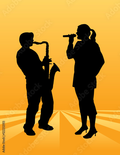A pretty woman sings on an ethereal background along with a sax player
