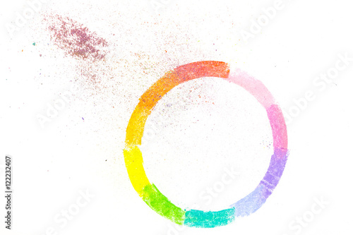 Circle drawn with colorful pastel chalks, on white background
