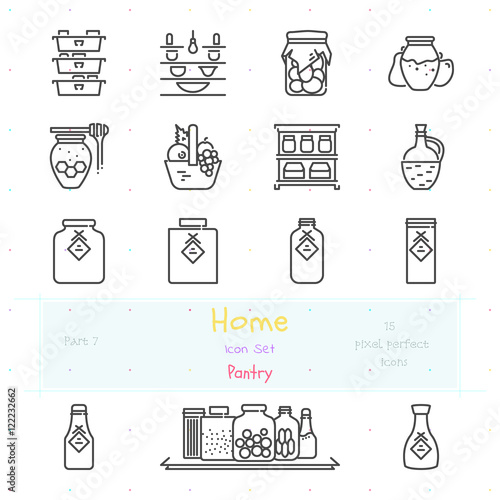 Home stuff outline icon set of 15 thin modern and stylish icons. Part 8 - pantry stuff and furniture. Dark line version. EPS 10. Pixel perfect icons.