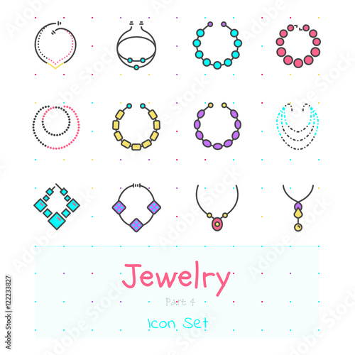 Jewelry line thin modern stylish icon set of 12 icons. Part 4 - necklaces and chains. Color version. EPS 10..
