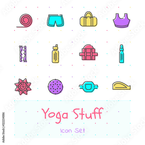 Yoga stuff line icon set of 12 modern and stylish icons. Color version. EPS 10. Pixel perfect icons.