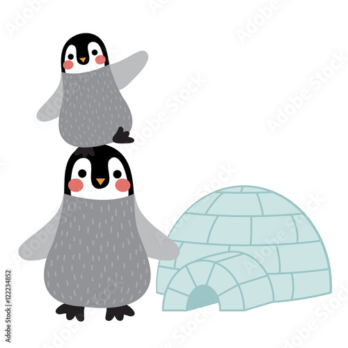 Funny Penguin and igloo animal cartoon character vector illustration.