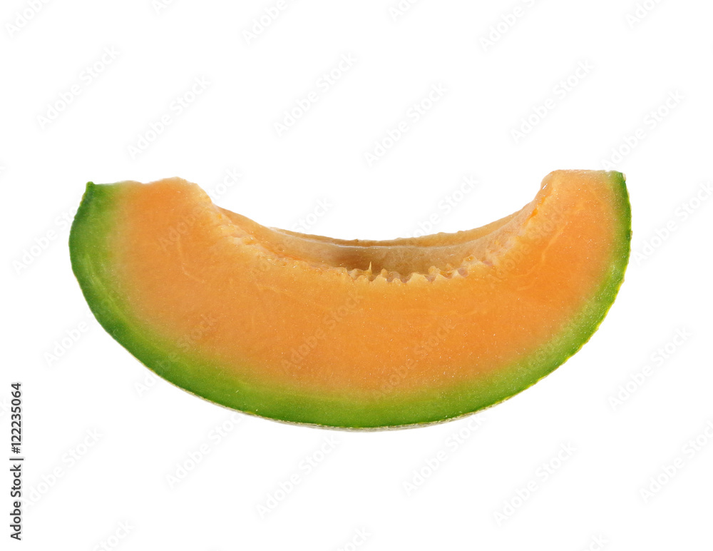 Piece of ripe orange muskmelon isolated on white background, close up Piece of ripe orange muskmelon isolated on white background, close up